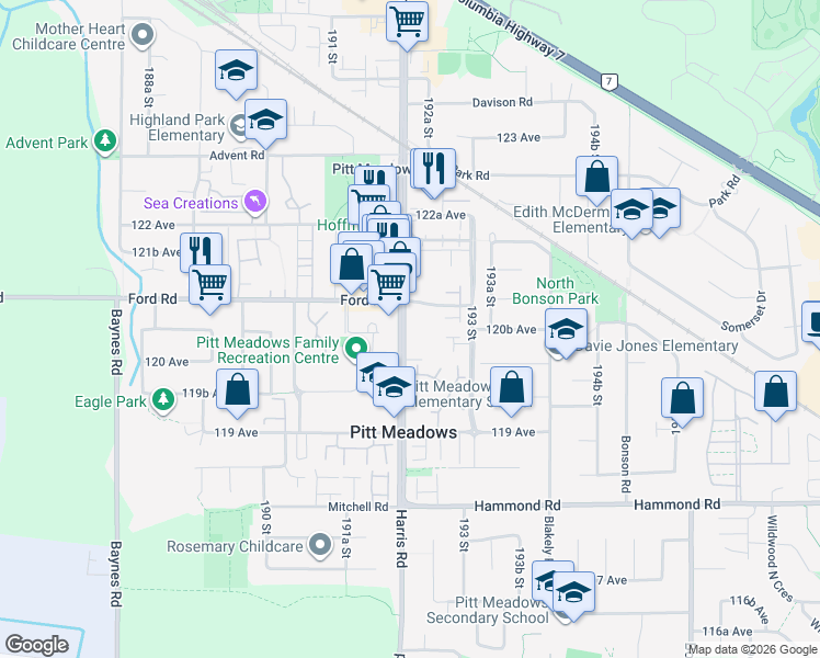 map of restaurants, bars, coffee shops, grocery stores, and more near in Pitt Meadows