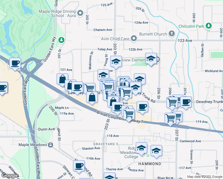 map of restaurants, bars, coffee shops, grocery stores, and more near 20331 Dewdney Trunk Road in Maple Ridge