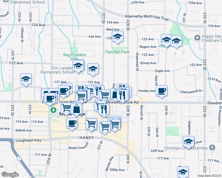 map of restaurants, bars, coffee shops, grocery stores, and more near 12067 Fletcher Street in Maple Ridge
