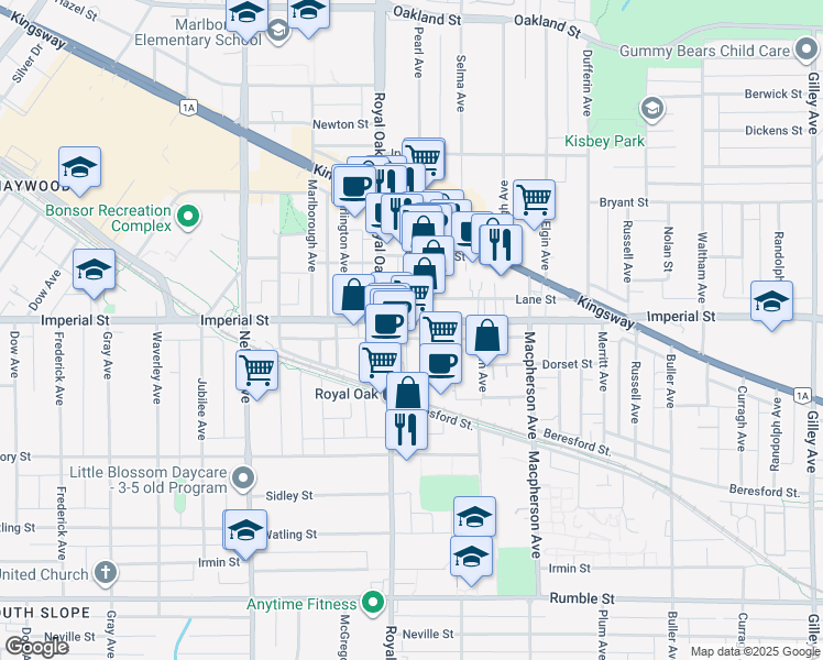 map of restaurants, bars, coffee shops, grocery stores, and more near 6876 Royal Oak Avenue in Burnaby