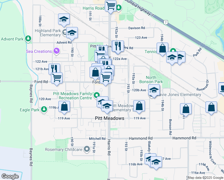 map of restaurants, bars, coffee shops, grocery stores, and more near 12058 Harris Road in Pitt Meadows