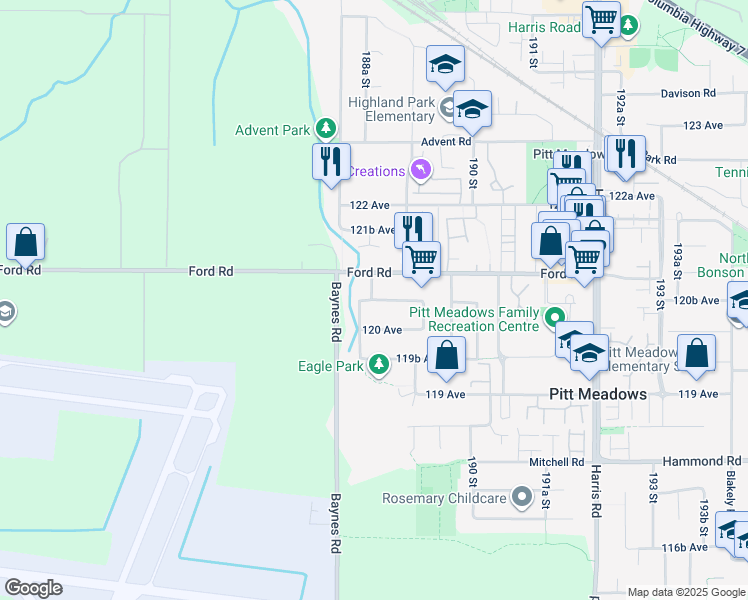 map of restaurants, bars, coffee shops, grocery stores, and more near 18855 120B Avenue in Pitt Meadows