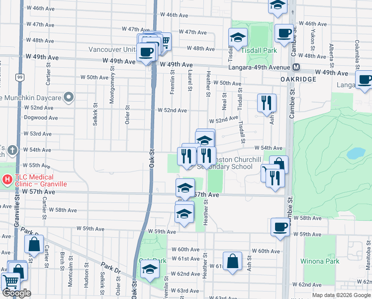 map of restaurants, bars, coffee shops, grocery stores, and more near in Vancouver
