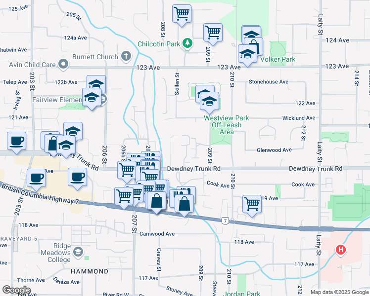 map of restaurants, bars, coffee shops, grocery stores, and more near 20841 Dewdney Trunk Road in Maple Ridge