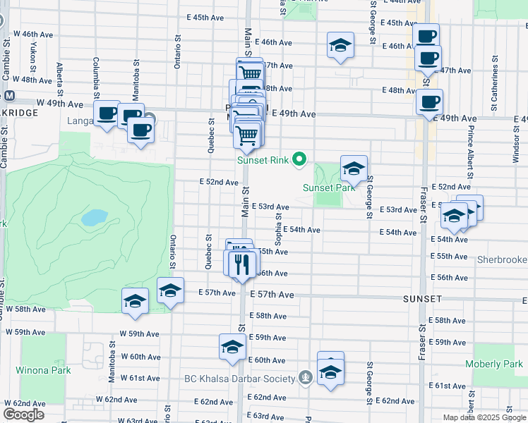 map of restaurants, bars, coffee shops, grocery stores, and more near 250 East 53rd Avenue in Vancouver