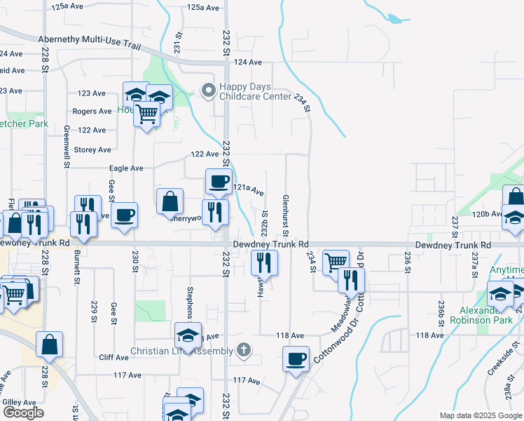 map of restaurants, bars, coffee shops, grocery stores, and more near 12071 232B Street in Maple Ridge