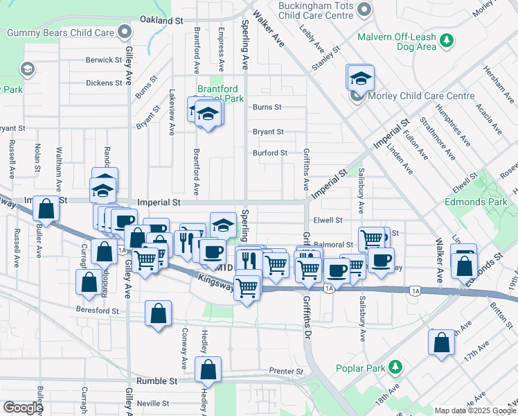 map of restaurants, bars, coffee shops, grocery stores, and more near 6732 Imperial Street in Burnaby
