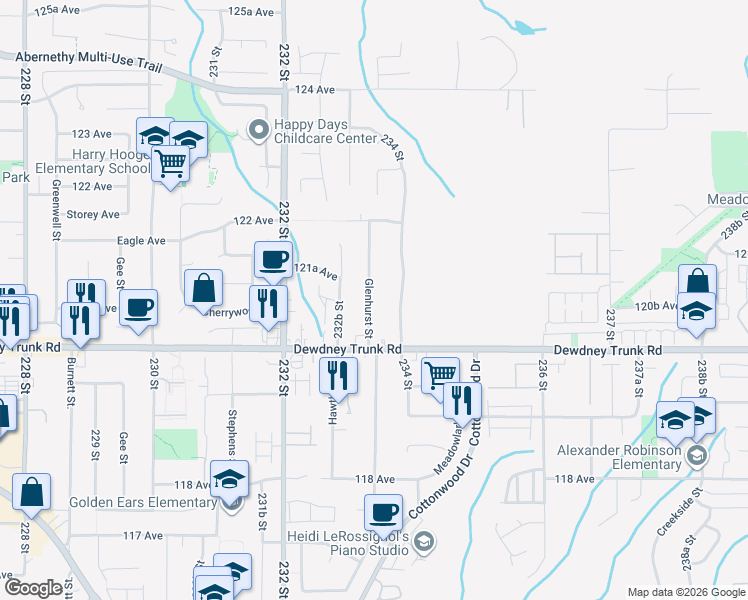map of restaurants, bars, coffee shops, grocery stores, and more near 12020 Glenhurst Street in Maple Ridge