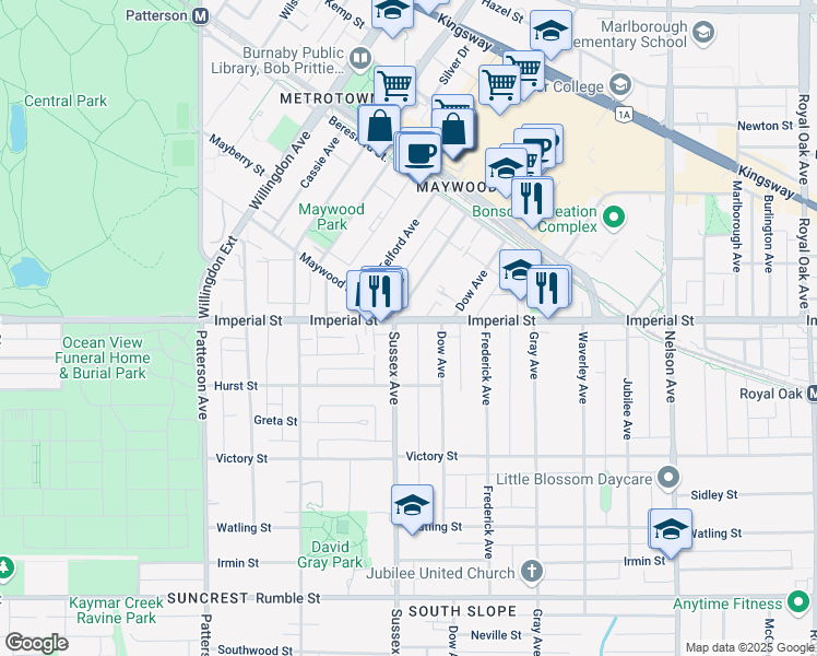 map of restaurants, bars, coffee shops, grocery stores, and more near 4436 Imperial Street in Burnaby