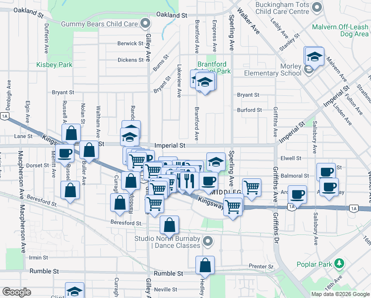 map of restaurants, bars, coffee shops, grocery stores, and more near 6544 Imperial Street in Burnaby