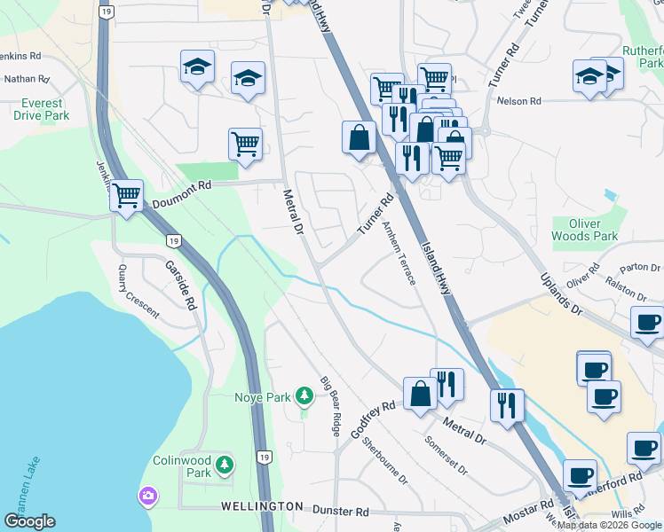 map of restaurants, bars, coffee shops, grocery stores, and more near 5885 Turner Road in Nanaimo