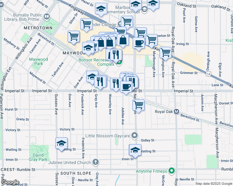 map of restaurants, bars, coffee shops, grocery stores, and more near 42 Central Boulevard in Burnaby