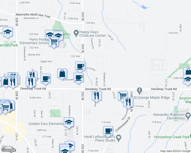 map of restaurants, bars, coffee shops, grocery stores, and more near 12071 232B Street in Maple Ridge