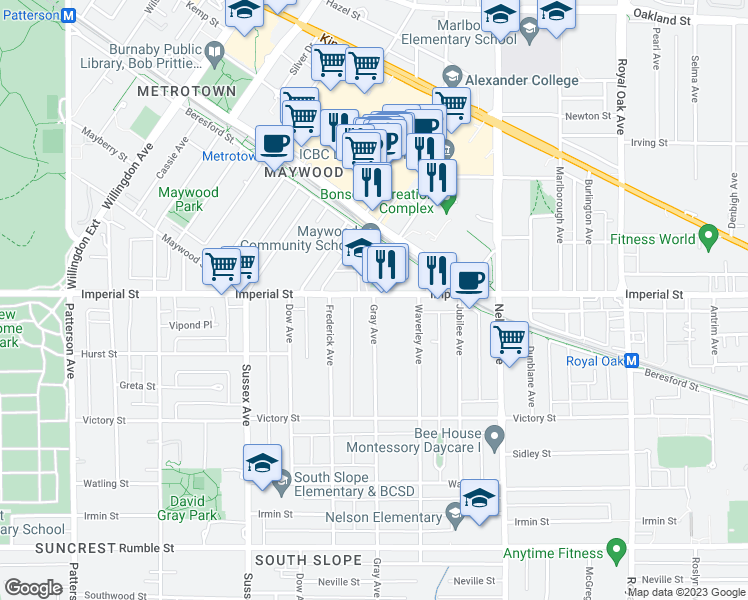 map of restaurants, bars, coffee shops, grocery stores, and more near 6850 Gray Ave in Burnaby