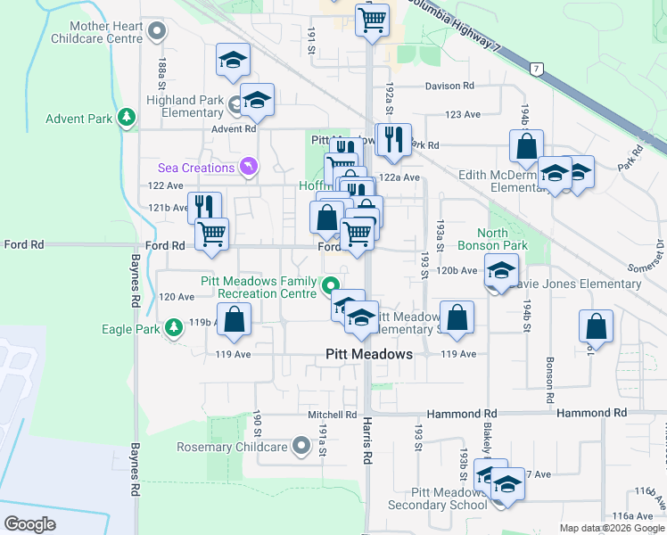 map of restaurants, bars, coffee shops, grocery stores, and more near in Pitt Meadows