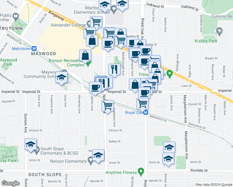 map of restaurants, bars, coffee shops, grocery stores, and more near 5000 Imperial Street in Burnaby