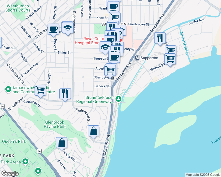 map of restaurants, bars, coffee shops, grocery stores, and more near 131 East Columbia Street in New Westminster