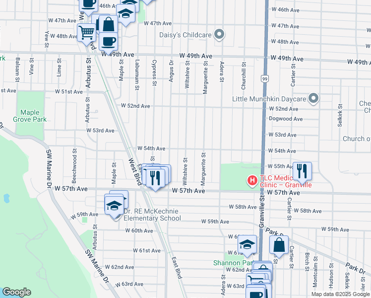 map of restaurants, bars, coffee shops, grocery stores, and more near Wiltshire Street in Vancouver