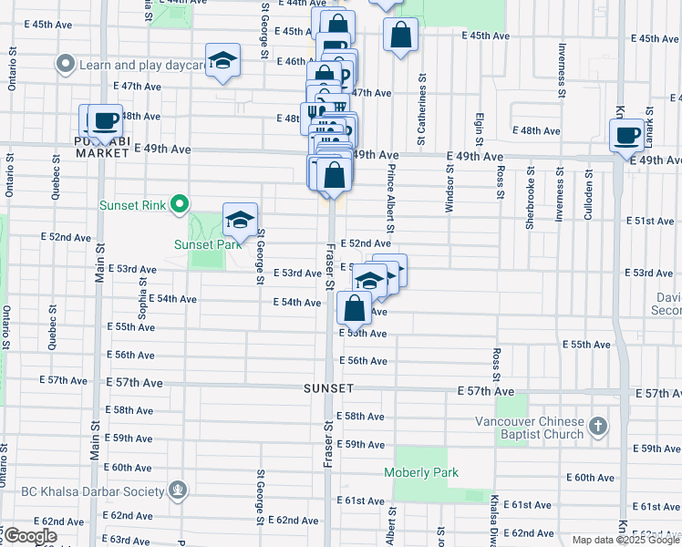 map of restaurants, bars, coffee shops, grocery stores, and more near 6904 Fraser Street in Vancouver