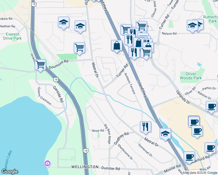 map of restaurants, bars, coffee shops, grocery stores, and more near 5885 Turner Road in Nanaimo