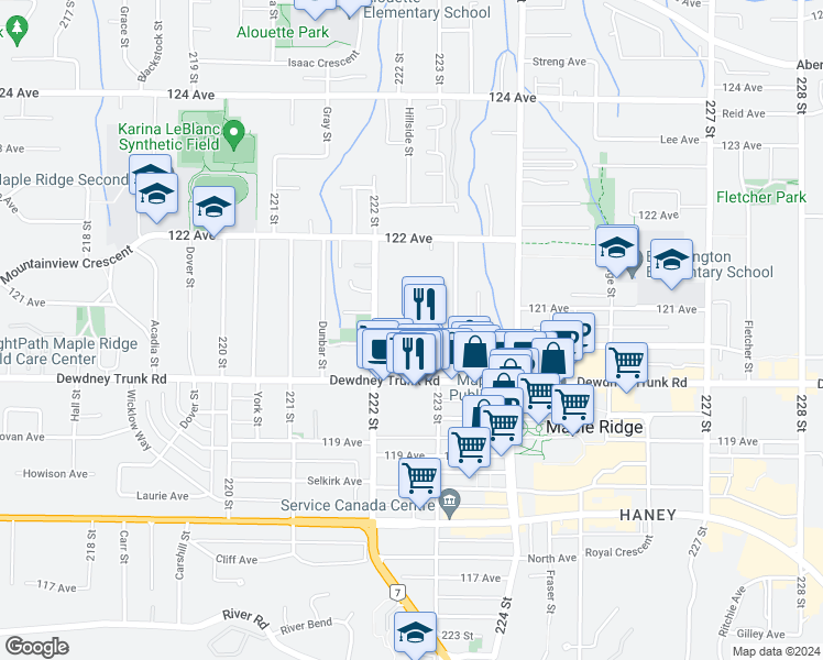 map of restaurants, bars, coffee shops, grocery stores, and more near 22225 Brown Avenue in Maple Ridge