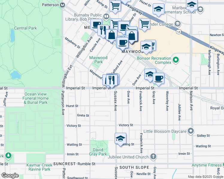 map of restaurants, bars, coffee shops, grocery stores, and more near 4388 Imperial Street in Burnaby