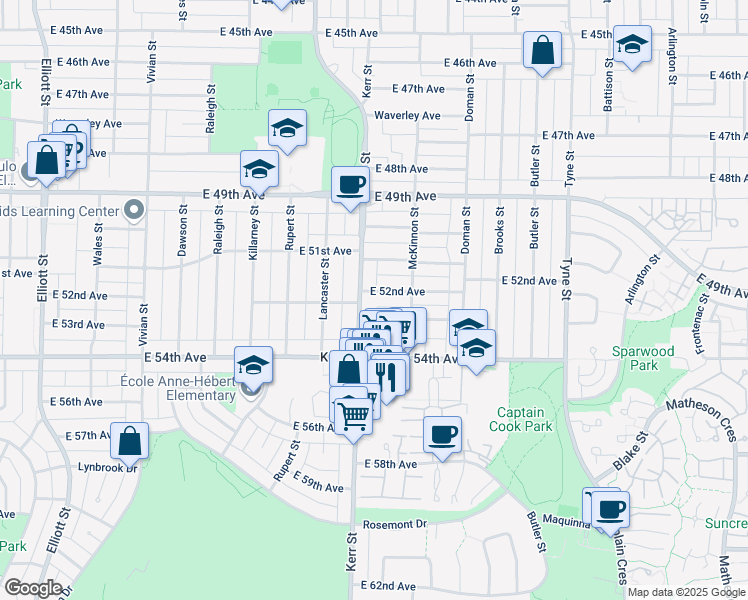map of restaurants, bars, coffee shops, grocery stores, and more near in Vancouver