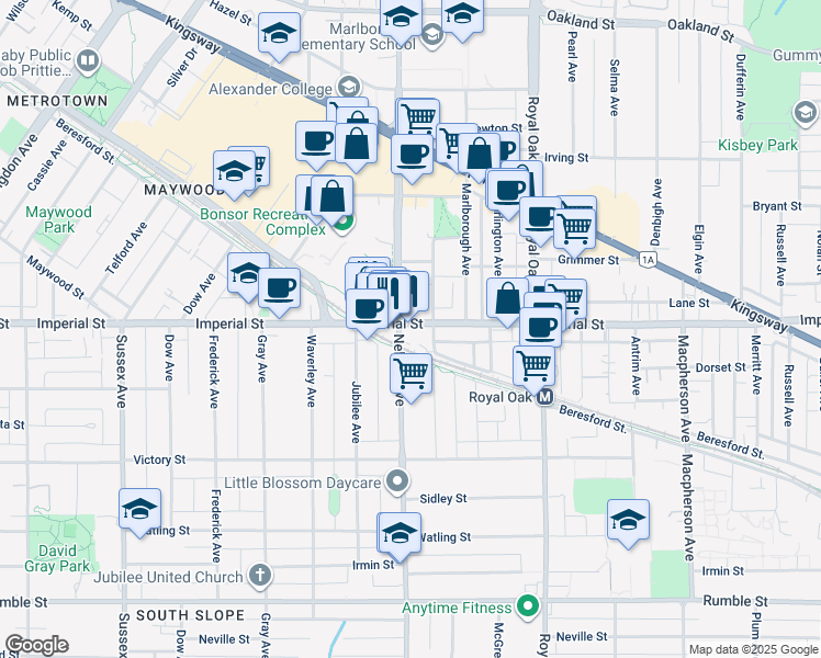 map of restaurants, bars, coffee shops, grocery stores, and more near 6676 Nelson Avenue in Burnaby