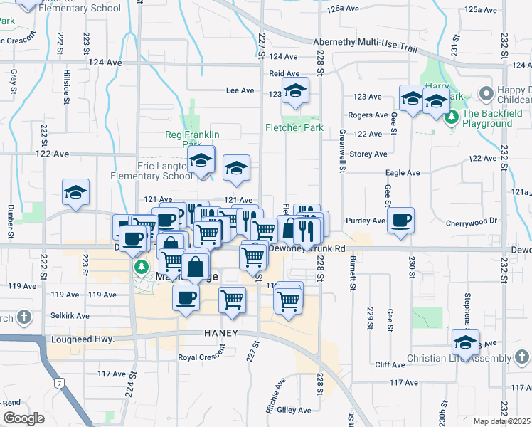 map of restaurants, bars, coffee shops, grocery stores, and more near 12070 227 Street in Maple Ridge
