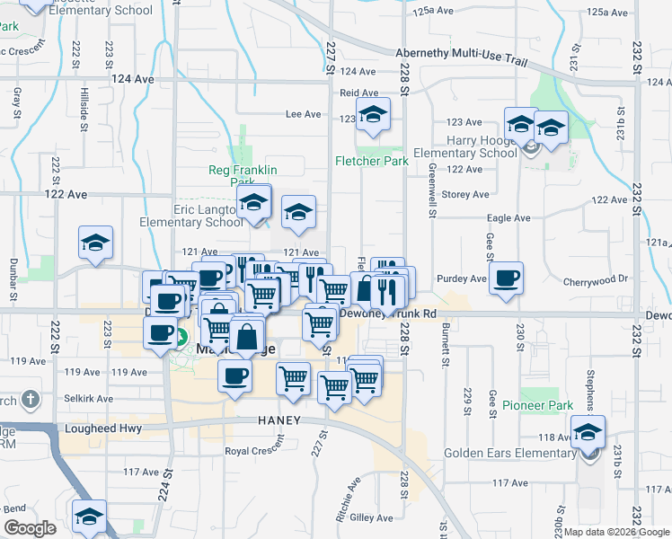 map of restaurants, bars, coffee shops, grocery stores, and more near 12070 227 Street in Maple Ridge