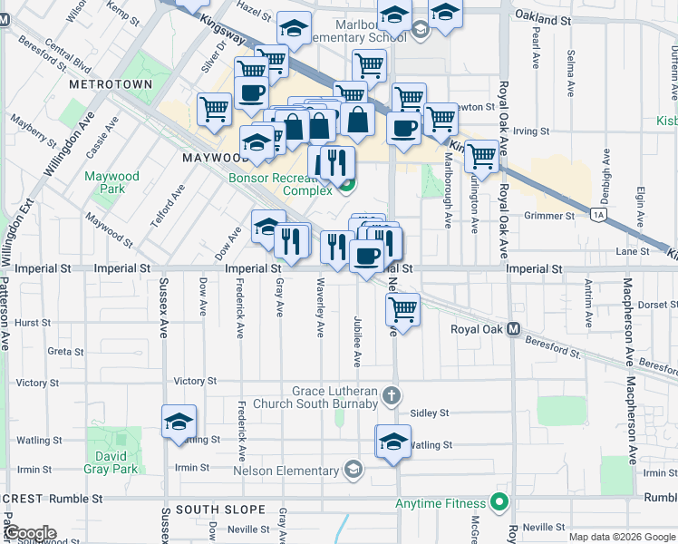map of restaurants, bars, coffee shops, grocery stores, and more near 4740 Imperial Street in Burnaby