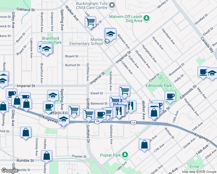 map of restaurants, bars, coffee shops, grocery stores, and more near 6831 Salisbury Avenue in Burnaby