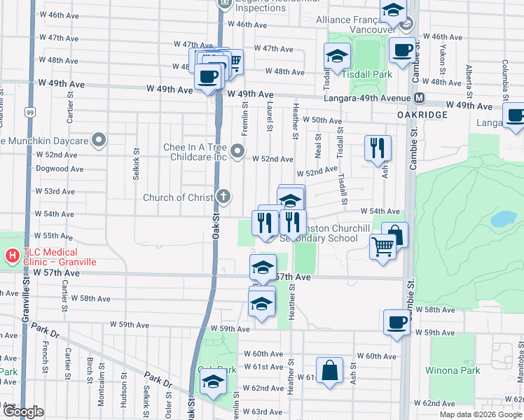 map of restaurants, bars, coffee shops, grocery stores, and more near 6981 Laurel Street in Vancouver