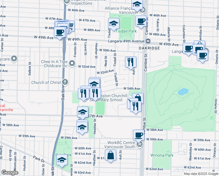 map of restaurants, bars, coffee shops, grocery stores, and more near 735 West 54th Avenue in Vancouver