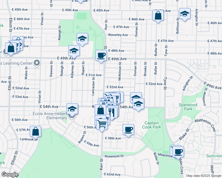 map of restaurants, bars, coffee shops, grocery stores, and more near 3140 East 52nd Avenue in Vancouver