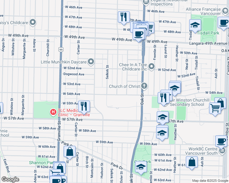 map of restaurants, bars, coffee shops, grocery stores, and more near 1155 West 54th Avenue in Vancouver