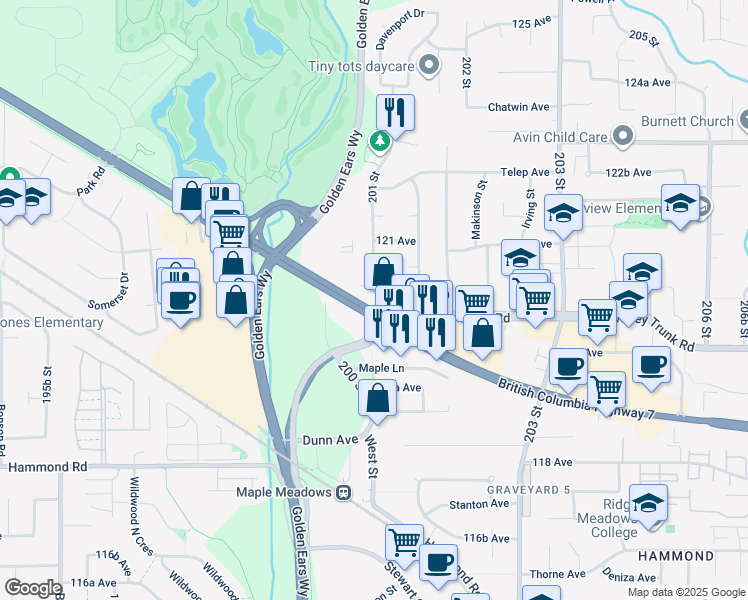 map of restaurants, bars, coffee shops, grocery stores, and more near 20110 120A Avenue in Maple Ridge