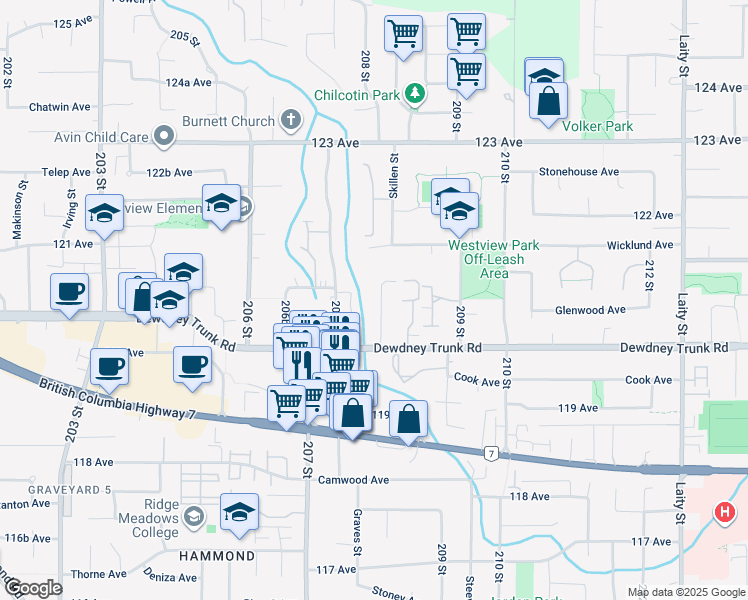 map of restaurants, bars, coffee shops, grocery stores, and more near 12065 208 Street in Maple Ridge