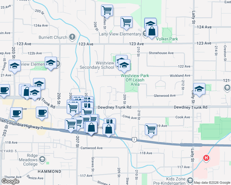 map of restaurants, bars, coffee shops, grocery stores, and more near 20884 Wicklund Avenue in Maple Ridge