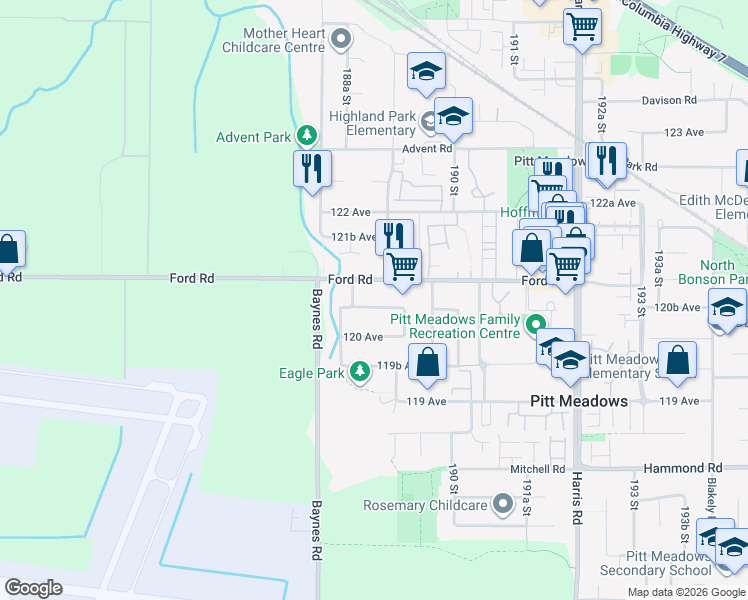 map of restaurants, bars, coffee shops, grocery stores, and more near 18883 120B Avenue in Pitt Meadows