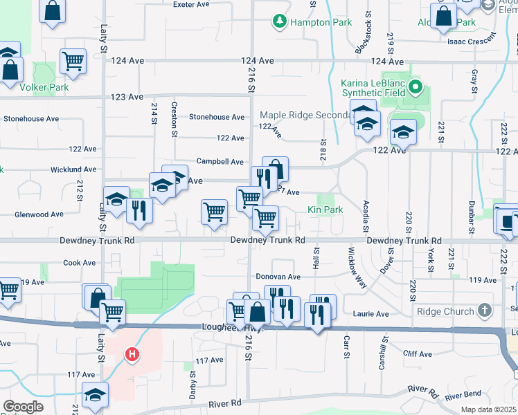 map of restaurants, bars, coffee shops, grocery stores, and more near 12070 216 Street in Maple Ridge