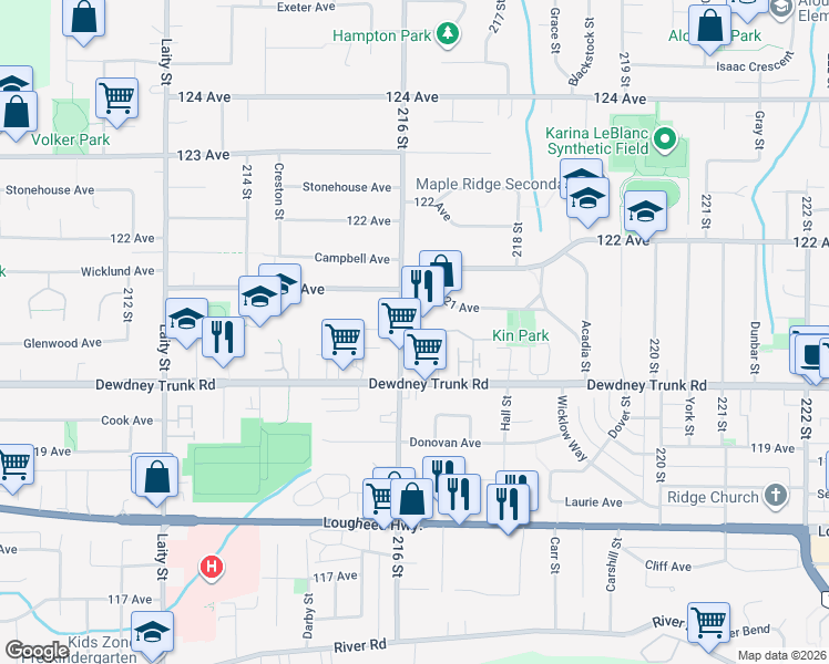 map of restaurants, bars, coffee shops, grocery stores, and more near in Maple Ridge