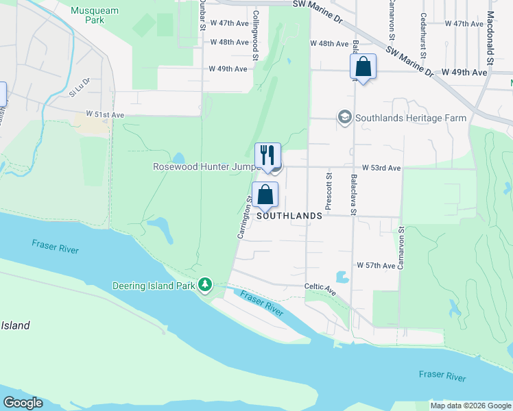 map of restaurants, bars, coffee shops, grocery stores, and more near 7076 Carrington Street in Vancouver