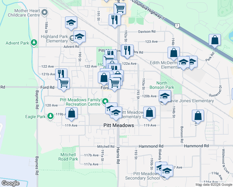 map of restaurants, bars, coffee shops, grocery stores, and more near in Pitt Meadows