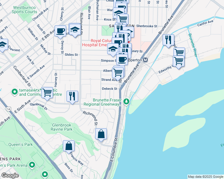 map of restaurants, bars, coffee shops, grocery stores, and more near 131 East Columbia Street in New Westminster