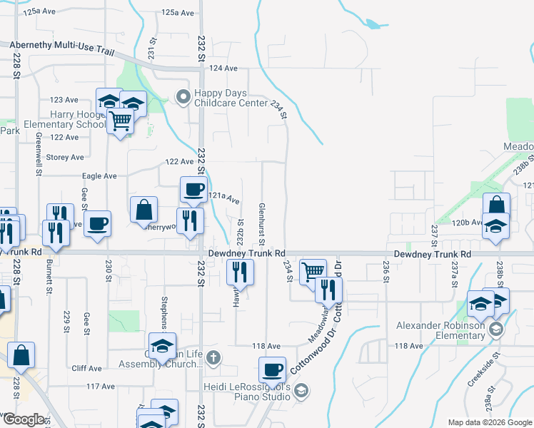 map of restaurants, bars, coffee shops, grocery stores, and more near 12076 Glenhurst Street in Maple Ridge
