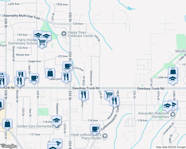 map of restaurants, bars, coffee shops, grocery stores, and more near 12123 Glenhurst Street in Maple Ridge