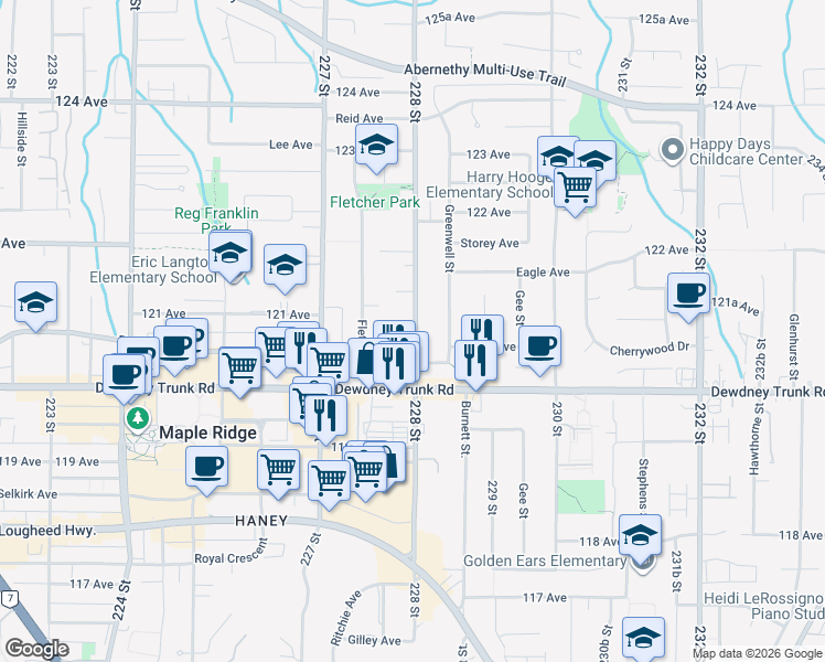 map of restaurants, bars, coffee shops, grocery stores, and more near in Maple Ridge