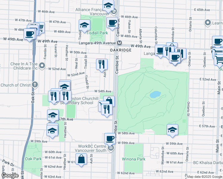 map of restaurants, bars, coffee shops, grocery stores, and more near 421 West 54th Avenue in Vancouver