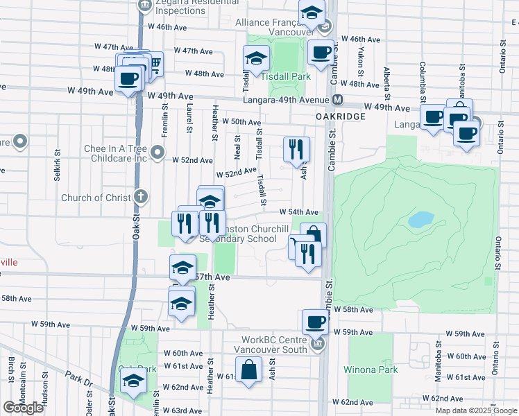map of restaurants, bars, coffee shops, grocery stores, and more near 705 West 54th Avenue in Vancouver